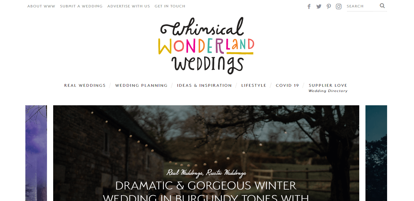 Screenshot of the "Whimsical Wonderland Weddings" website homepage, featuring navigation links and a dramatic winter wedding article headline.