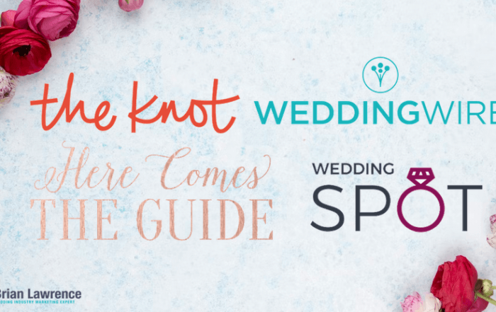 Logos of The Knot, WeddingWire, Here Comes the Guide, and Wedding Spot on a floral background with Brian Lawrence branding.