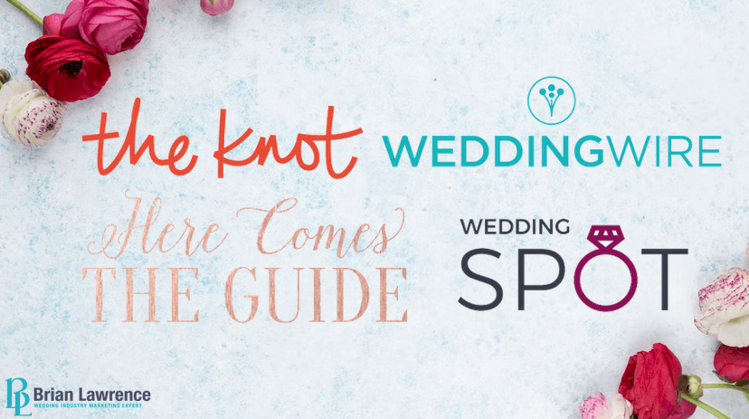Logos of The Knot, WeddingWire, Here Comes the Guide, and Wedding Spot on a floral background with Brian Lawrence branding.