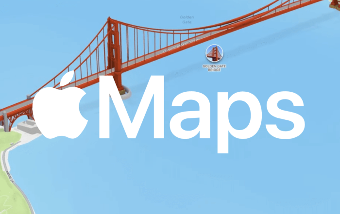 Apple Maps logo over a 3D map rendering of the Golden Gate Bridge.