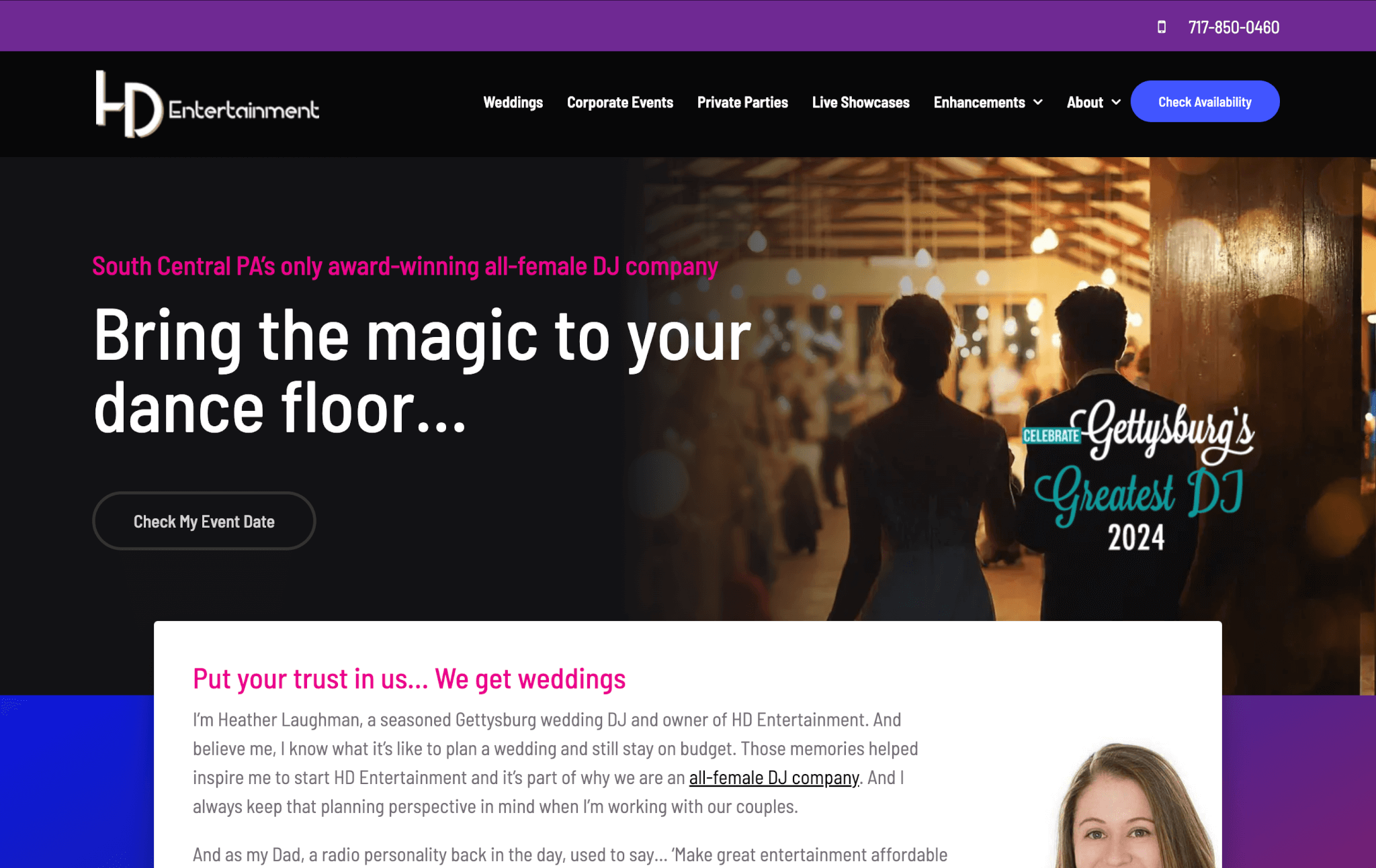DJ-portfolio-websites4 Website homepage of HD Entertainment, featuring a headline about their DJ services. The background shows people on a dance floor. Navigation links are at the top, with contact info on the upper right.