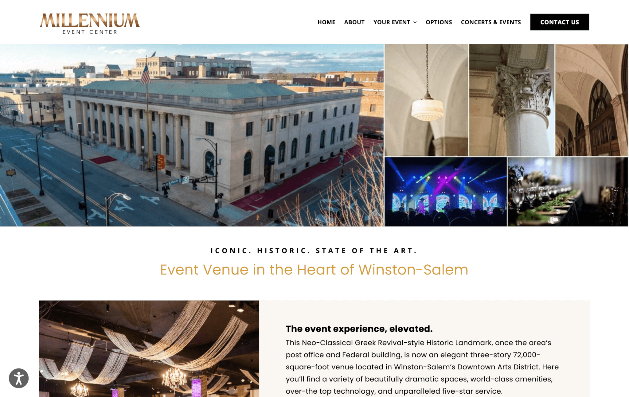 Wedding-industry-portfolio-websites3 Exterior and interior views of Millennium Event Center, showcasing its Neo-Classical architecture and elegant decor, located in Winston-Salem's Downtown Arts District.