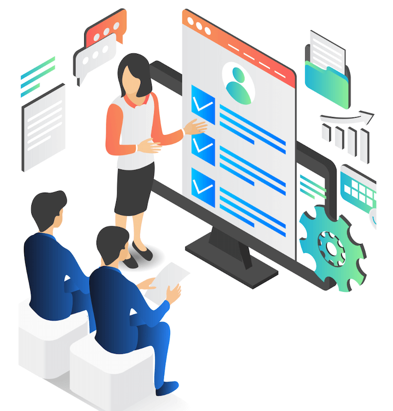 best seo in the wedding industry Illustration of a woman presenting to two seated men. They are viewing a large screen displaying checklists and data icons, surrounded by speech bubbles and graphs.
